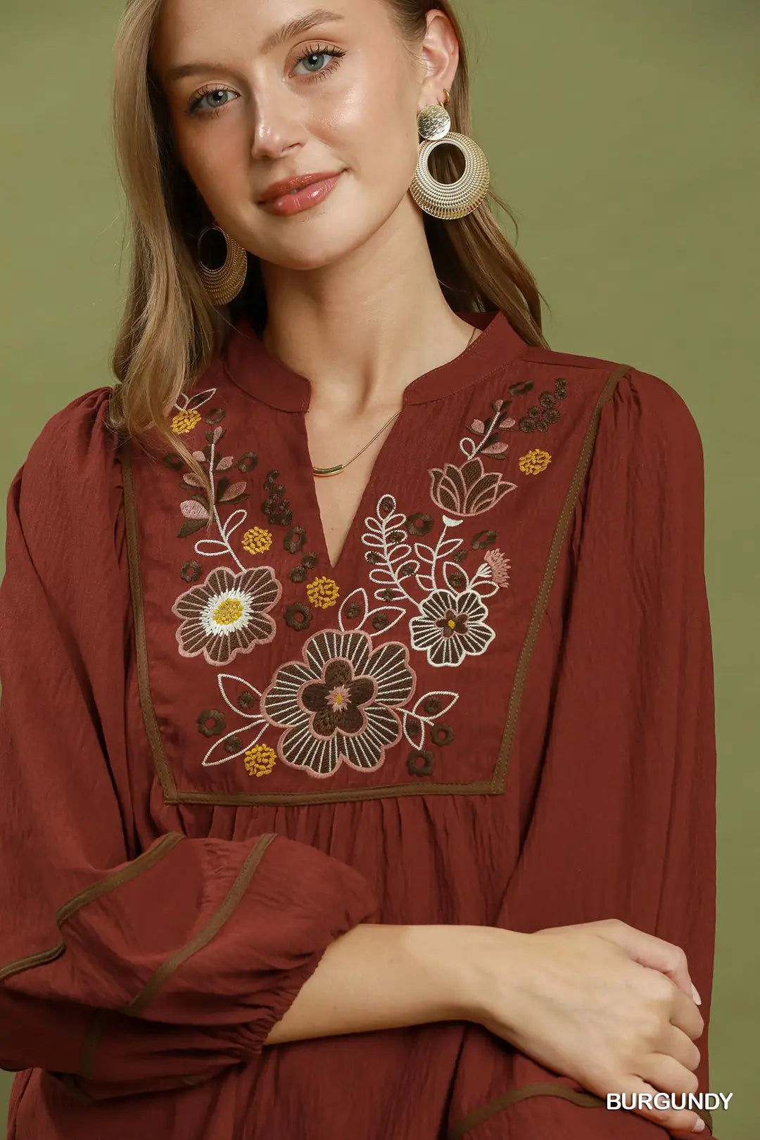 Umgee Floral Embroidered Split Neck Babydoll Blouse-Burgundy