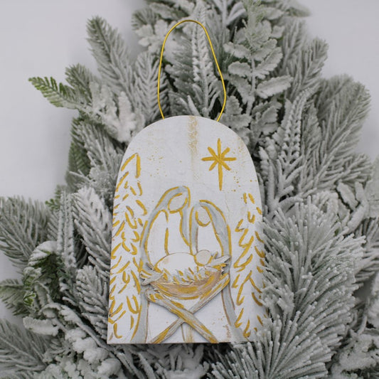 Trade Cie Layered Wood Ornament, Neutral Holy Family