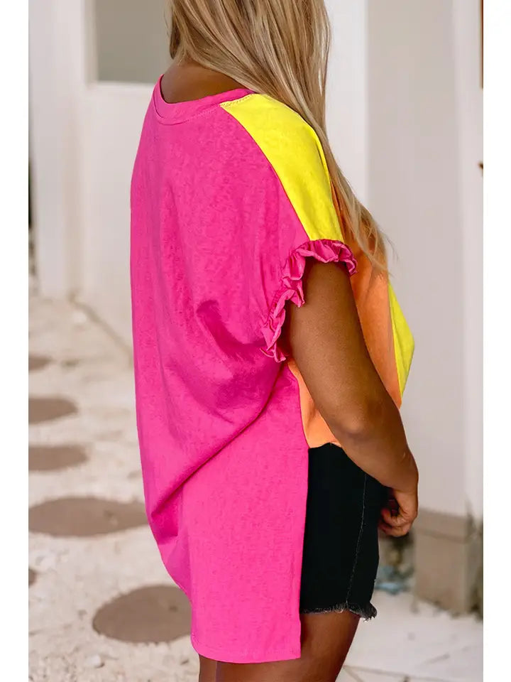 Color Block Ruffled Crew Neck Loose Fit T Shirt