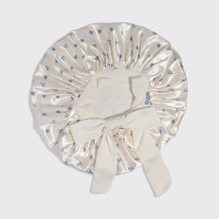 Kitsch Oversized Satin Bonnet - Pearlized Cream & Coastal Blue Print