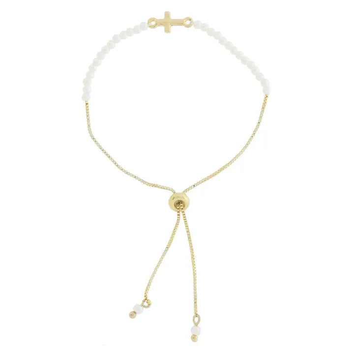 Jane Marie Kids 18K Gold Plated Pearl Beaded & Gold Cross Adj. Bracelet