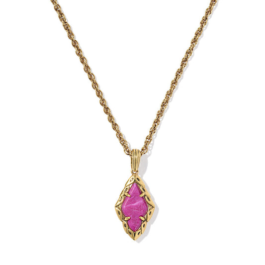 KENDRA SCOTT ADELINE SHORT PENDANT NECKLACE VINTAGE GOLD DARK FUCHSIA VARIEGATED MAGNESITE