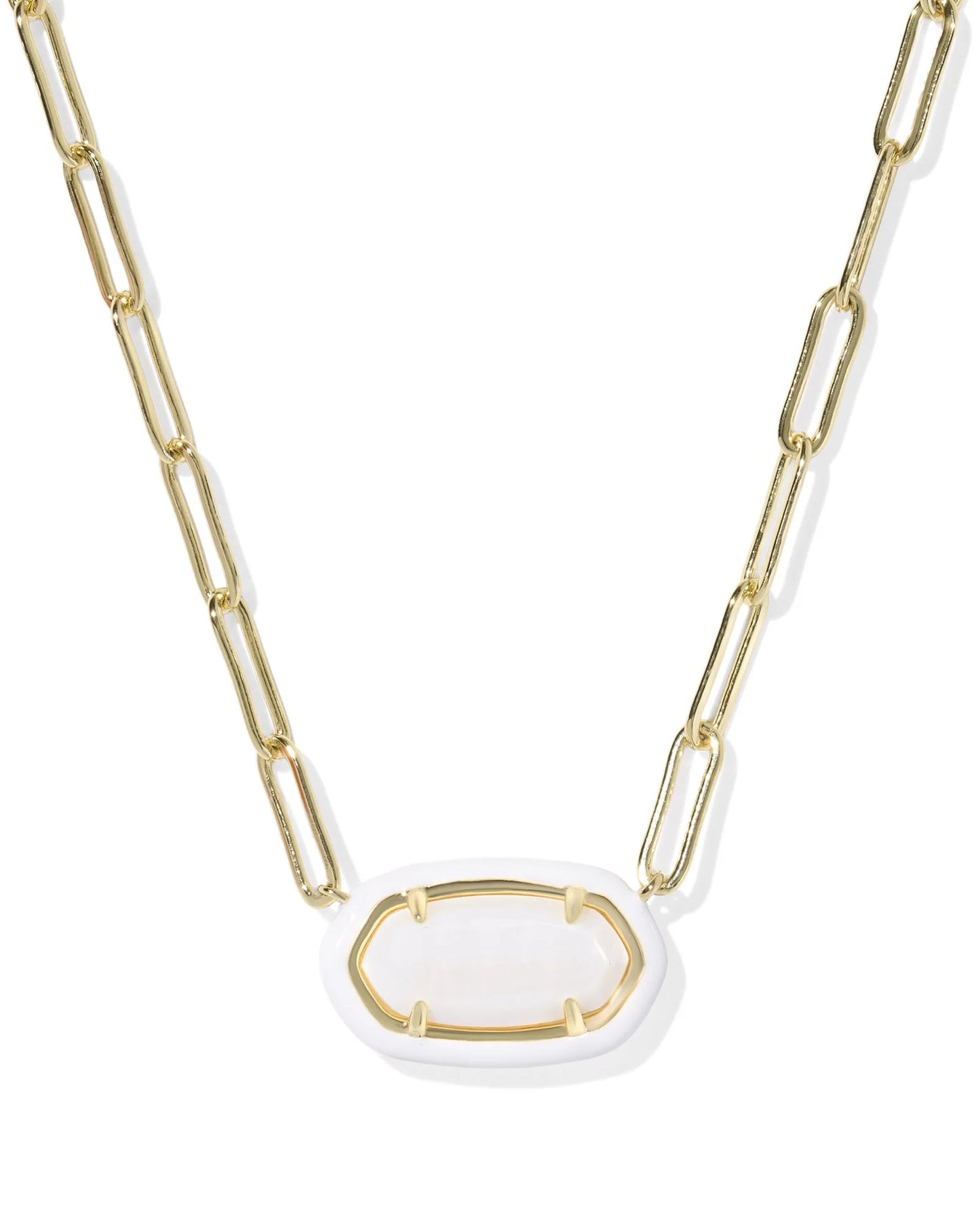 KENDRA SCOTT ELISA ENAMEL FRAME PAPERCLIP NECKLACE GOLD WHITE MOTHER OF PEARL