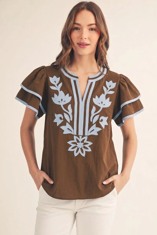 Jodifl Flutter Short Sleeves Solid Crinkle Top