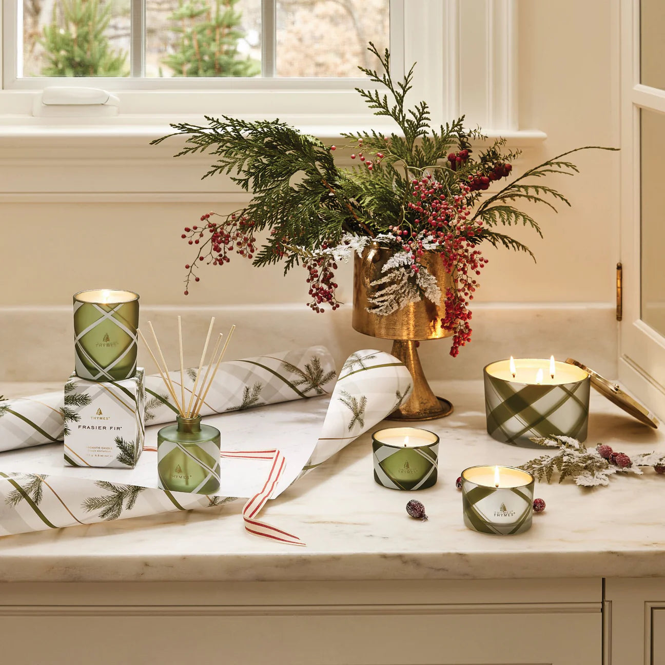 Thymes Frasier Fir Frosted Plaid 6.5 oz Poured Candle