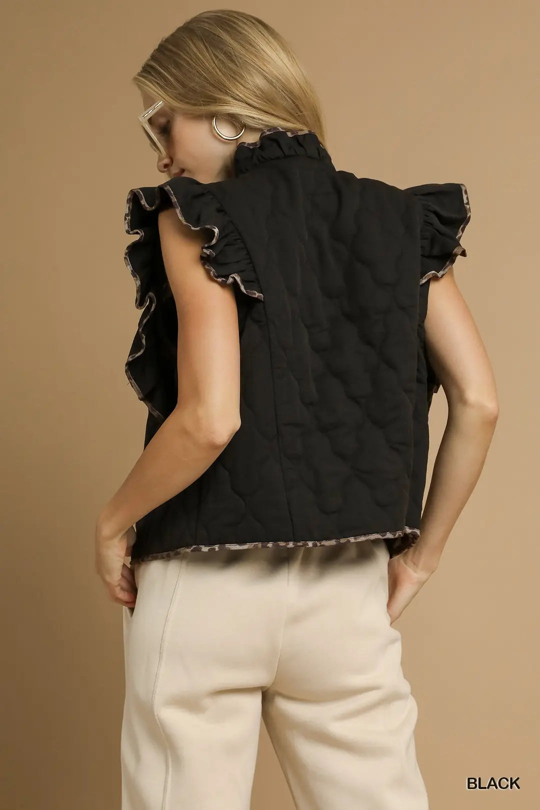Umgee Quilted Ruffle Vest with Leopard Trim