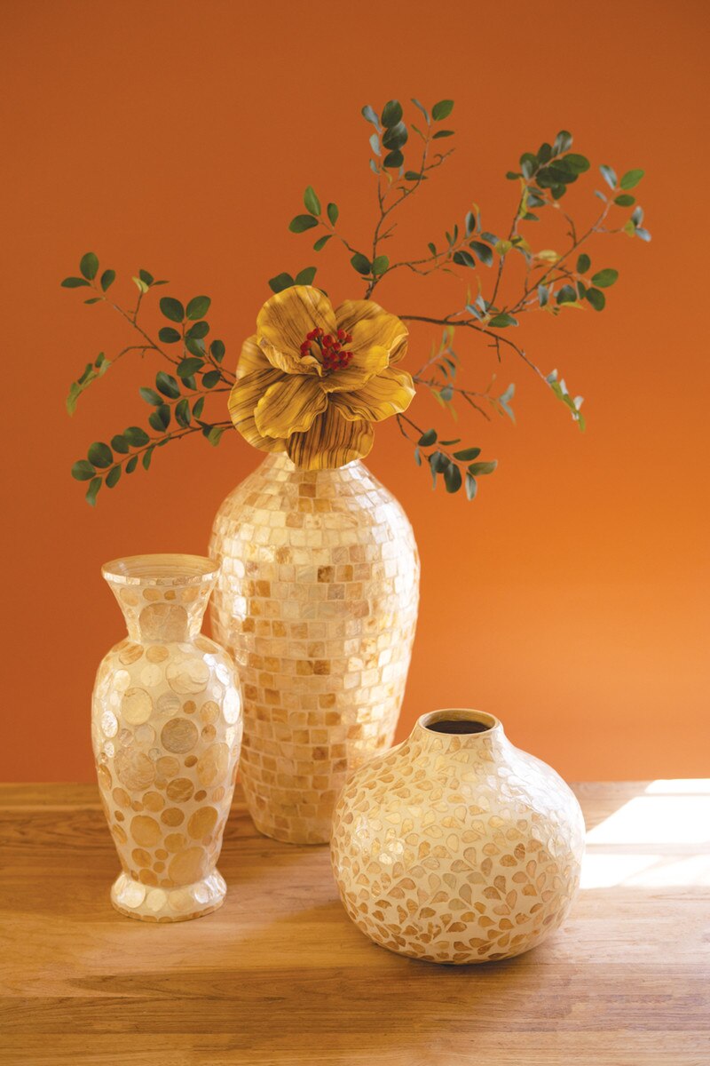 Kalalou Spun Bamboo Vase with Neutral Capiz Shell Detail / Short