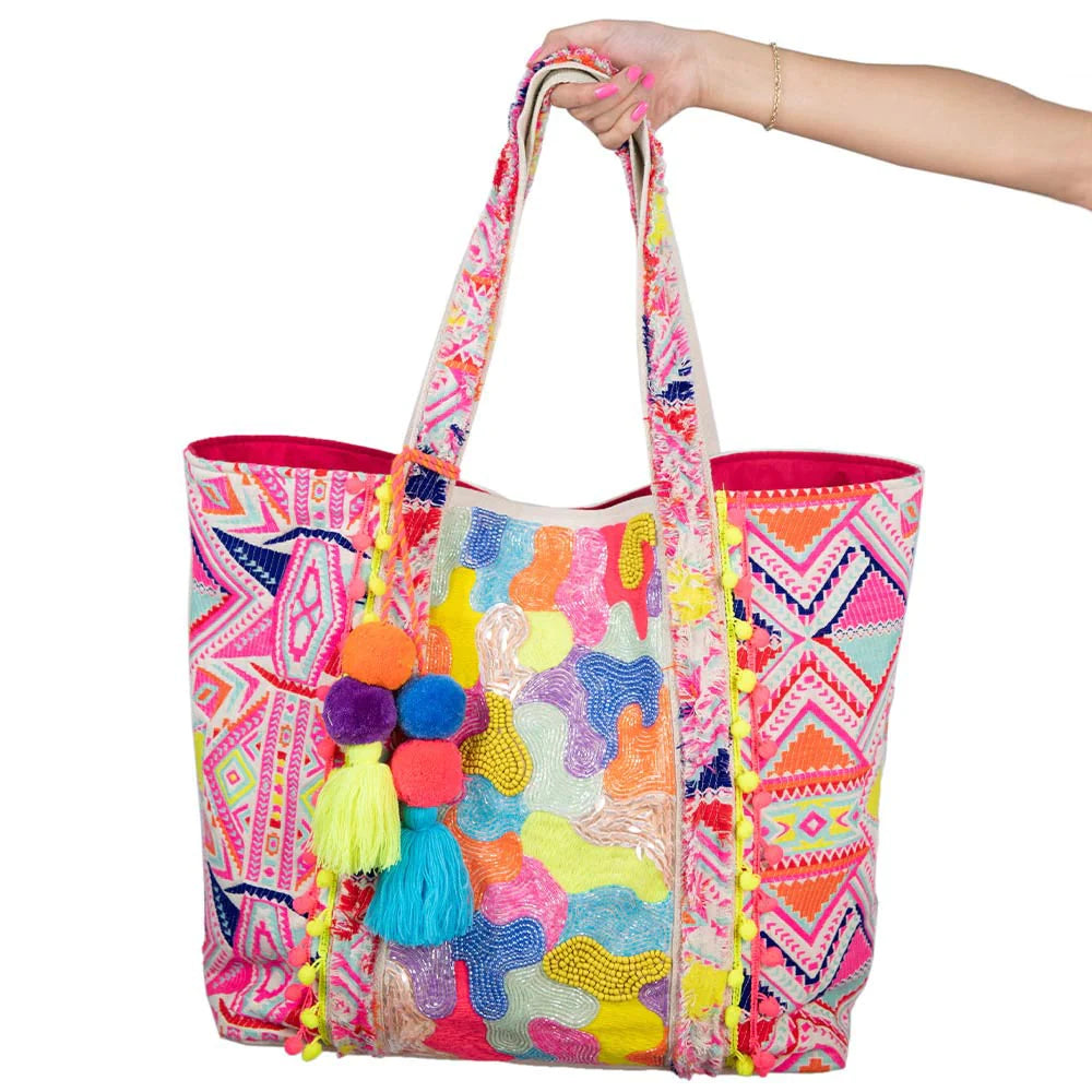 KATYDID MULTICOLORED AZTEC SEQUIN AND BEADED LARGE TOTE BAG