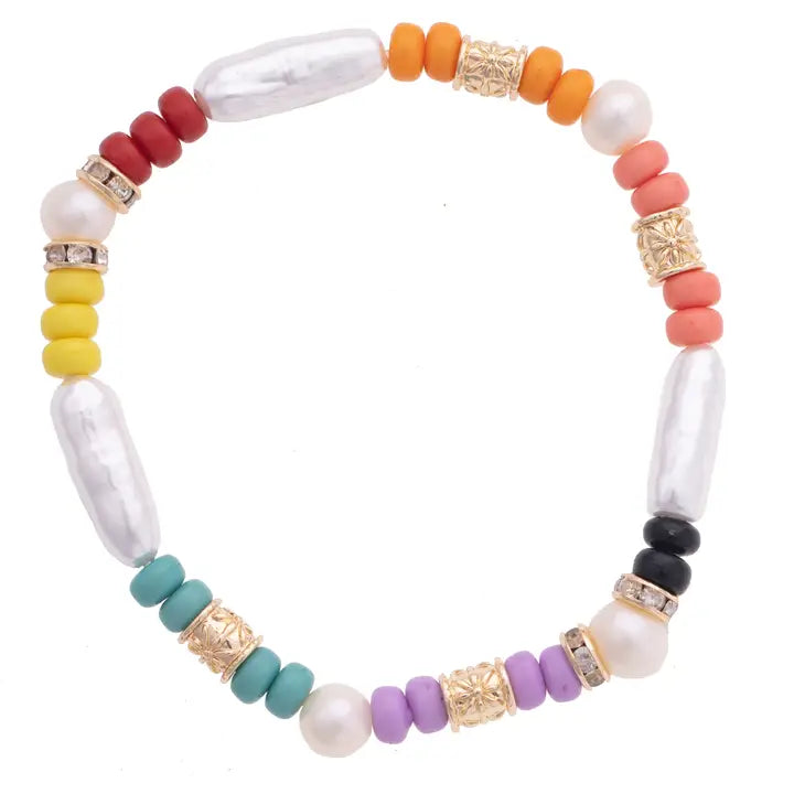 Canvas Style Lydia Pearl & Rainbow Beaded Stretch Bracelet in Ivory