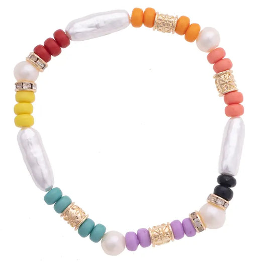 Canvas Style Lydia Pearl & Rainbow Beaded Stretch Bracelet in Ivory