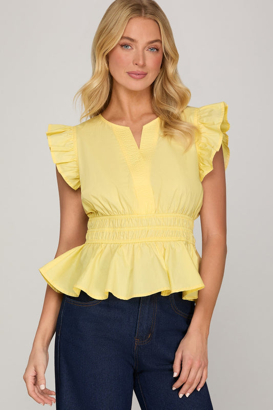 She + Sky V Neck Woven Top-Pastel Yellow