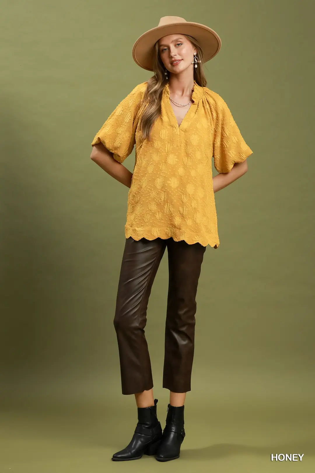 Umgee Floral Textured Short Sleeve V-Neck Blouse-Honey