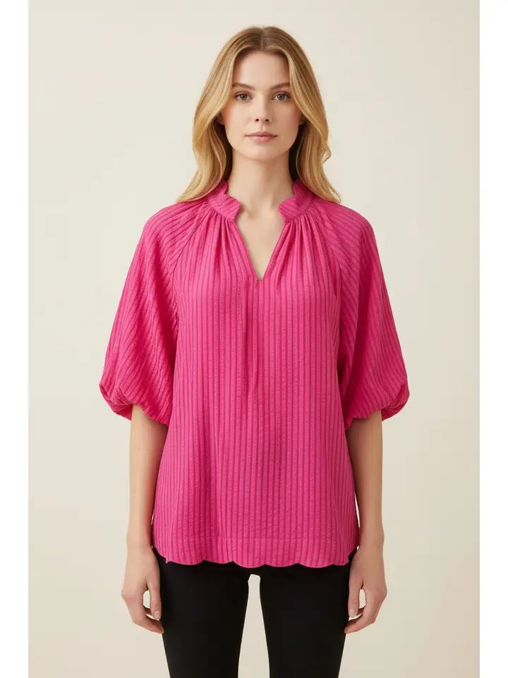Heimish Vertical Stripe Bubble Sleeve Scallop Hem Blouse