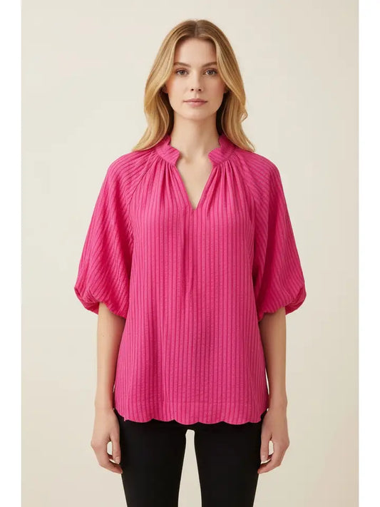 Heimish Vertical Stripe Bubble Sleeve Scallop Hem Blouse
