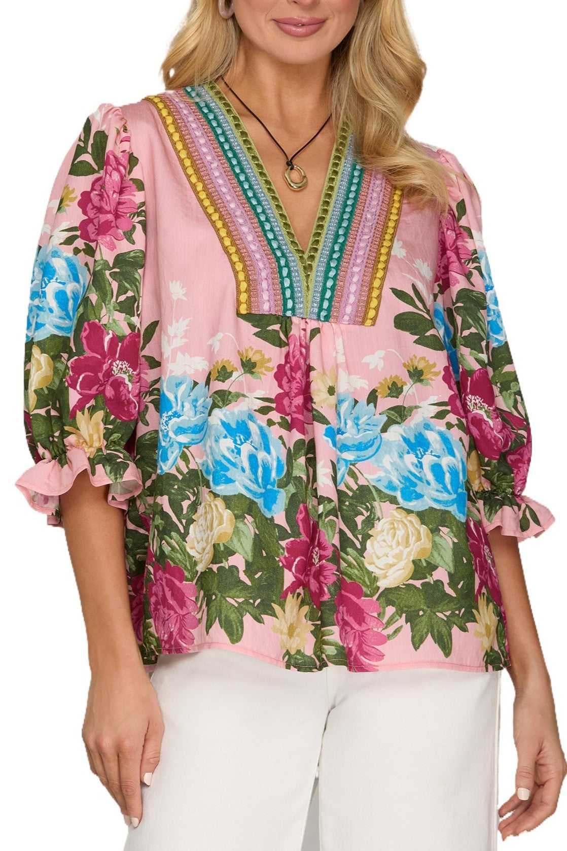 She + Sky Print V Neck Top-Pink