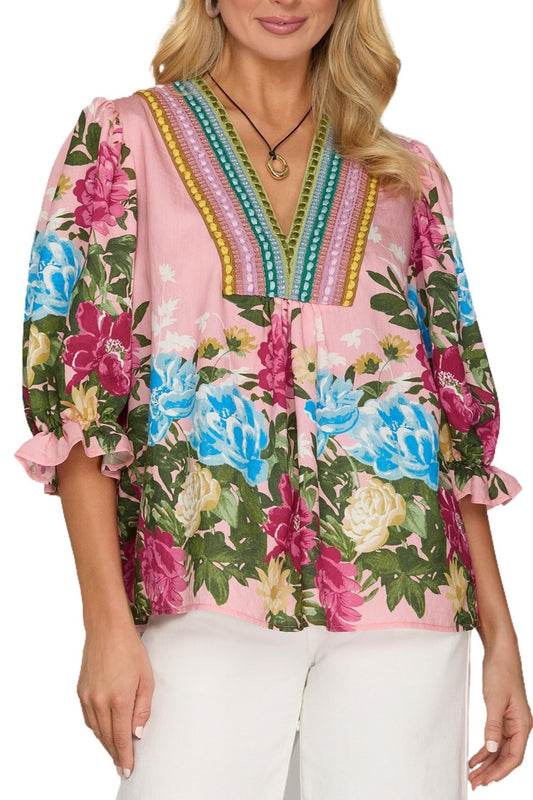 She + Sky Print V Neck Top-Pink