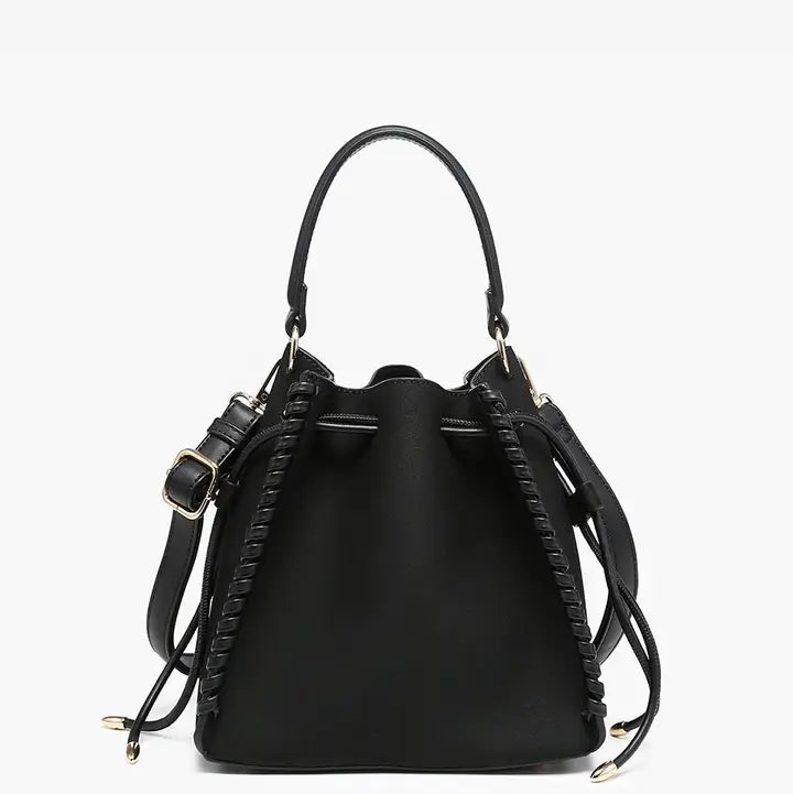 Jen & Co Elsa Faux Suede Bucket Bag w/ Whipstitch Trim-Black
