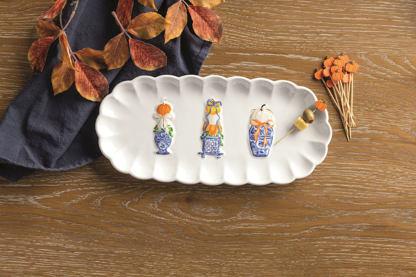 MUD PIE PUMPKIN TOPIARY TRAY & TOOTHPICK SET