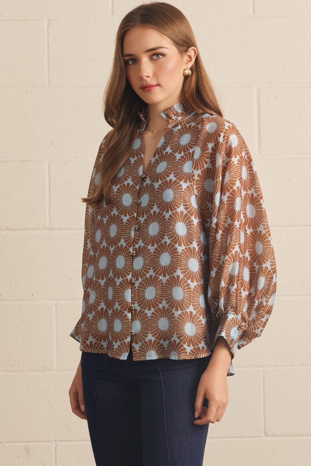 Entro Floral Long Puff Sleeve Top Featuring Ruffled Mock Neck-Blue Camel