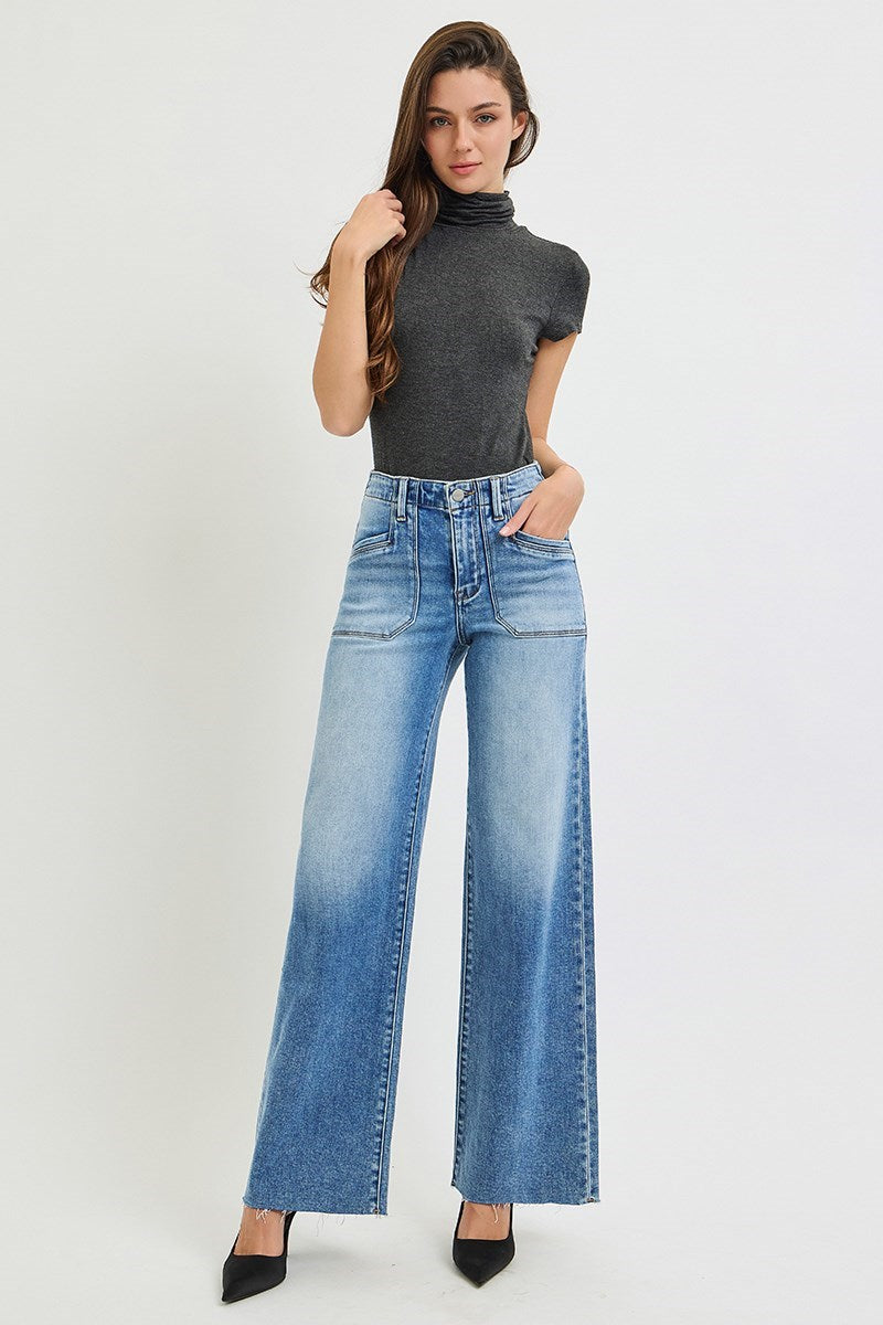 RISEN HIGH RISE WIDE LEG JEANS WITH FRONT PATCH POCKET DETAIL