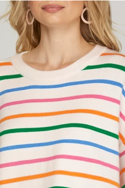 SHE & SKY SHORT SLEEVE MULTI STRIPED SWEATER TOP