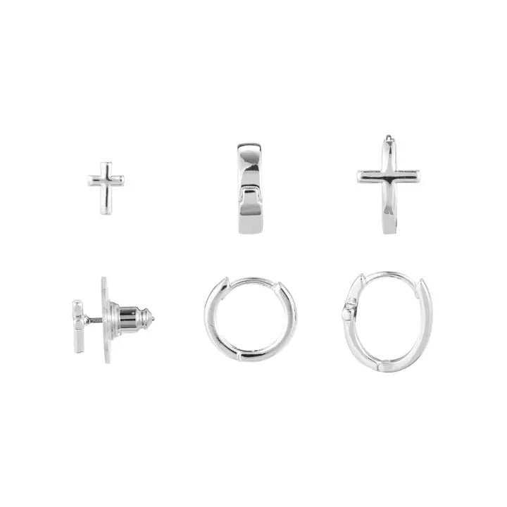 Demdaco Dainty Cross Earrings Set of 3 - Silver