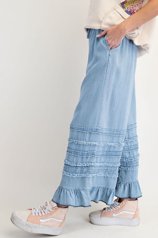 EASEL SELF FRAY WASHED CHAMBRAY PANTS