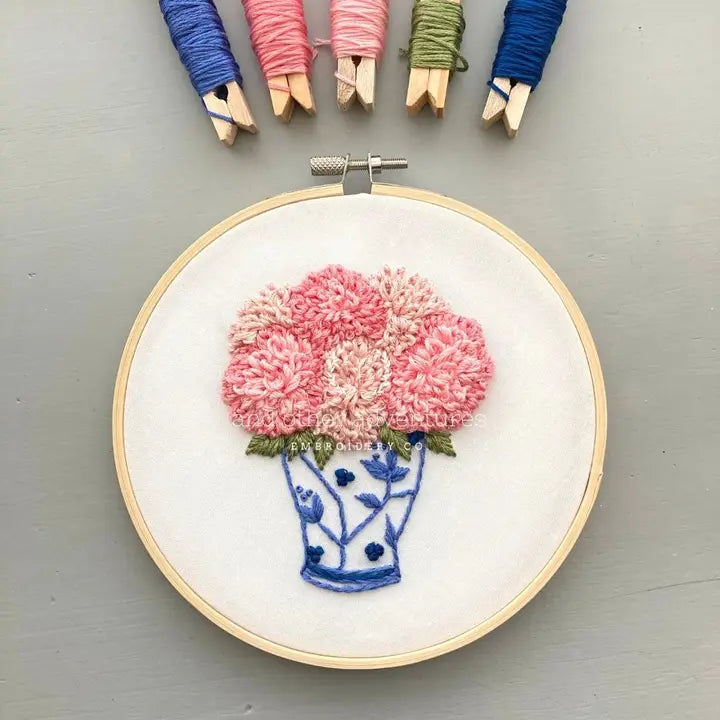 And Other Adventures Embroidery Co Embroidery Kit - Ginger Jar with Pink Dahlias - Intermediate
