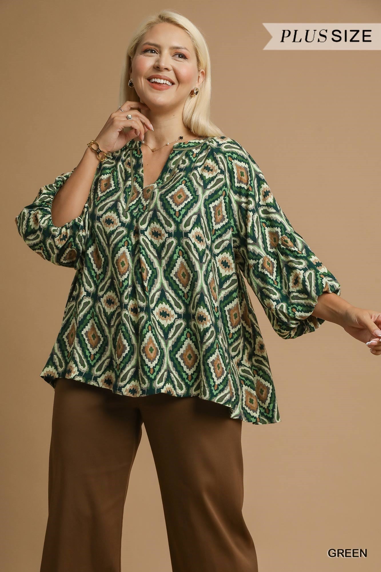Umgee Boho Geo Print Ruffle Sleeve Top