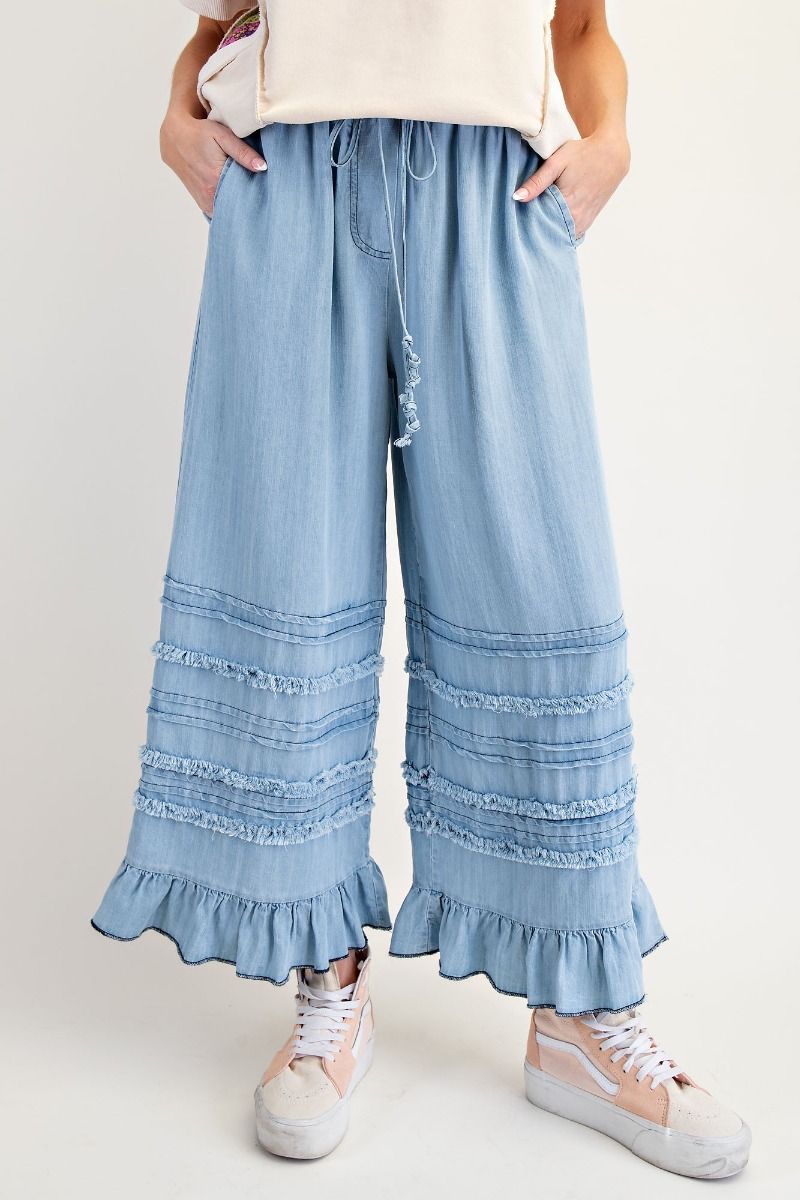 EASEL SELF FRAY WASHED CHAMBRAY PANTS