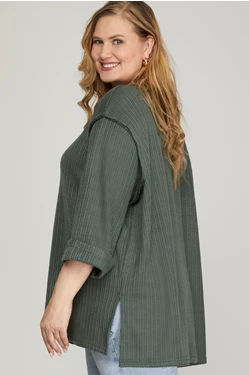 She + Sky 3/4 FOLDED SLEEVE KNIT TOP-Slate