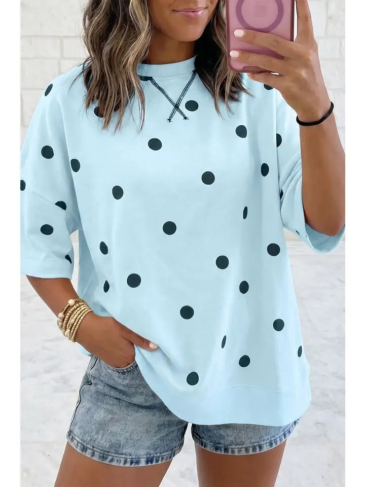 Butter Soft Polka Dot Print Loose Oversized T-Shirt-Sky Blue
