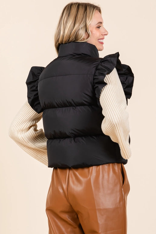 GeeGee Ruffled Sleeve Puffer Vest-Black