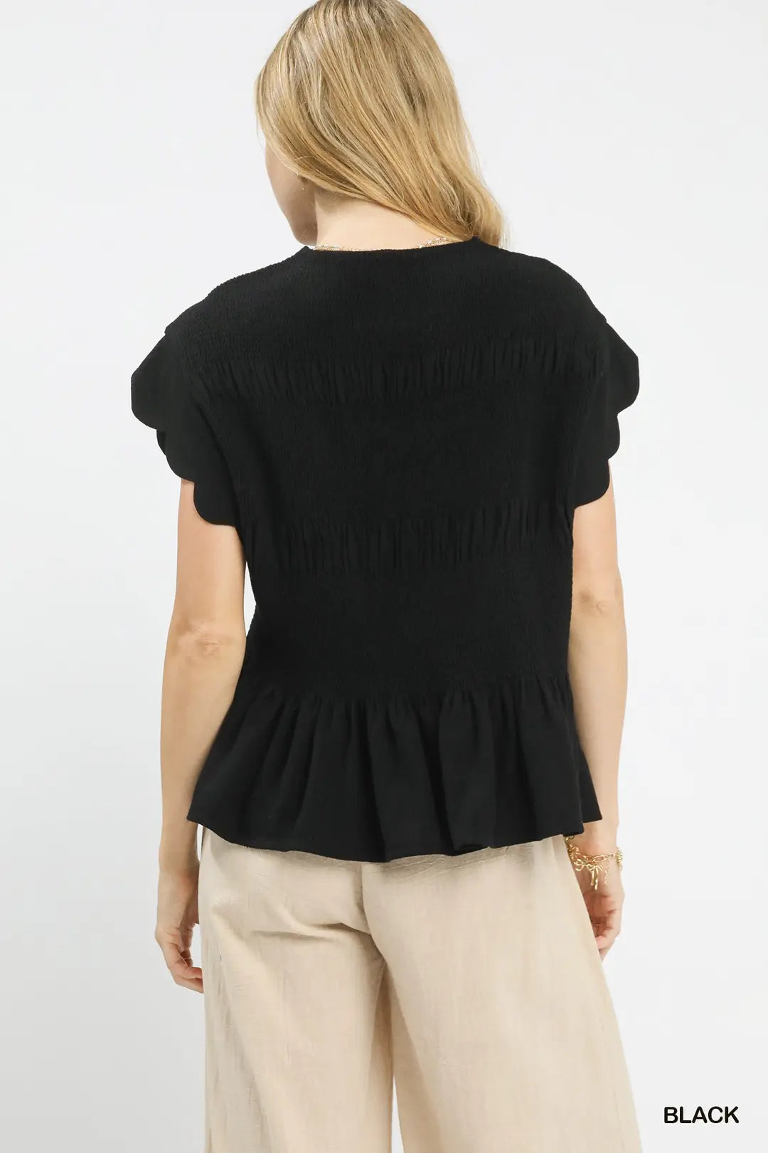 Umgee Linen Blend Smocked Peplum Top-Black