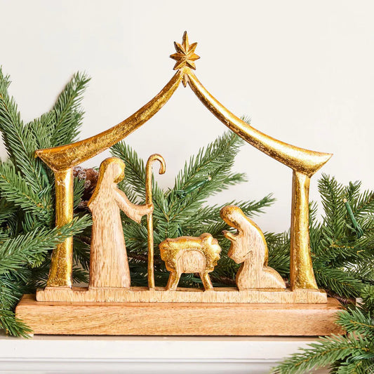 MARY SQUARE WOOD MANGER NATIVITY