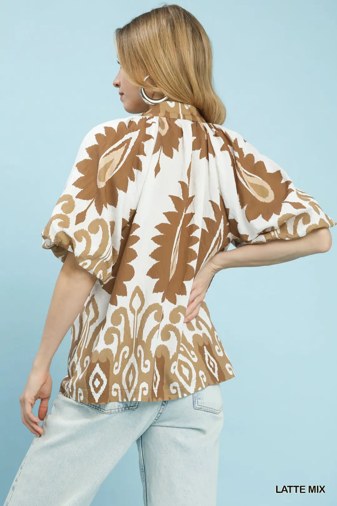 Umgee Mix Bold Ikat Print Puff Sleeve Top