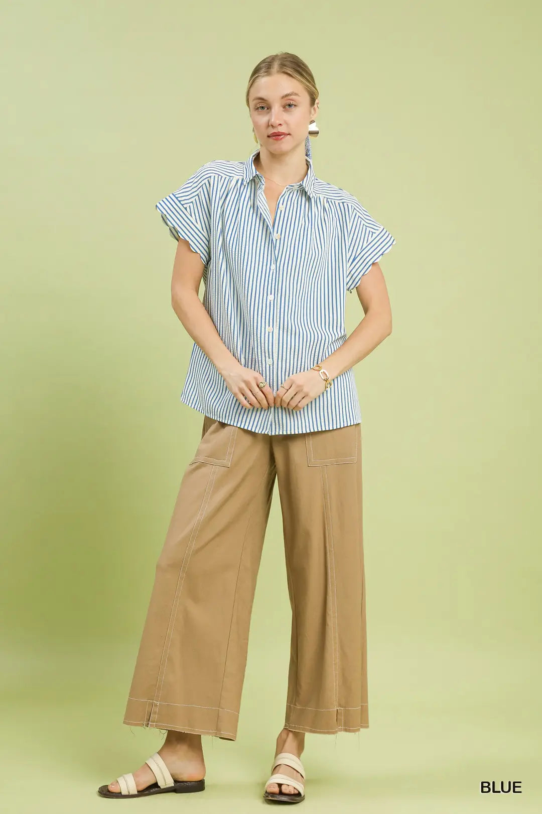 Umgee Striped Button-Down Top with Scallop Sleeves