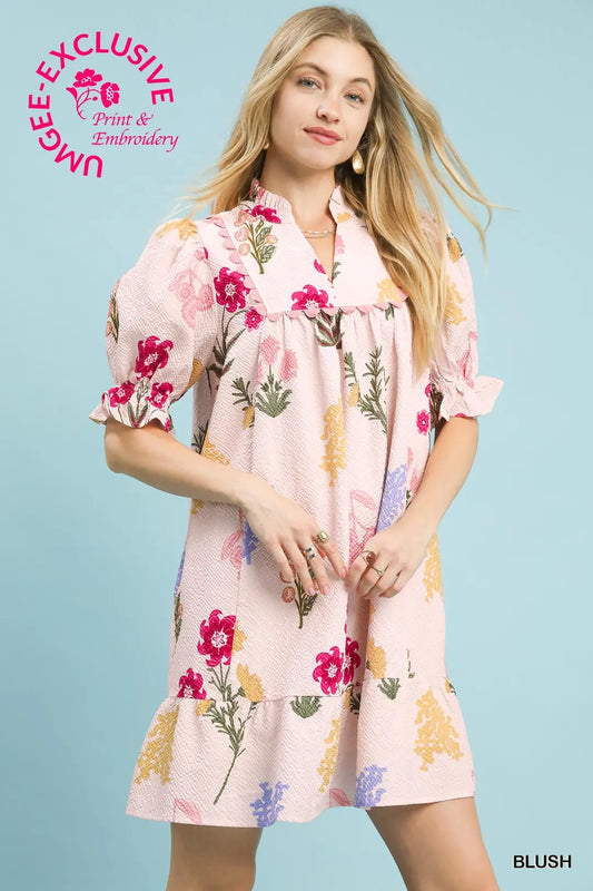 Umgee Multi Flower Print V-Neck Dress