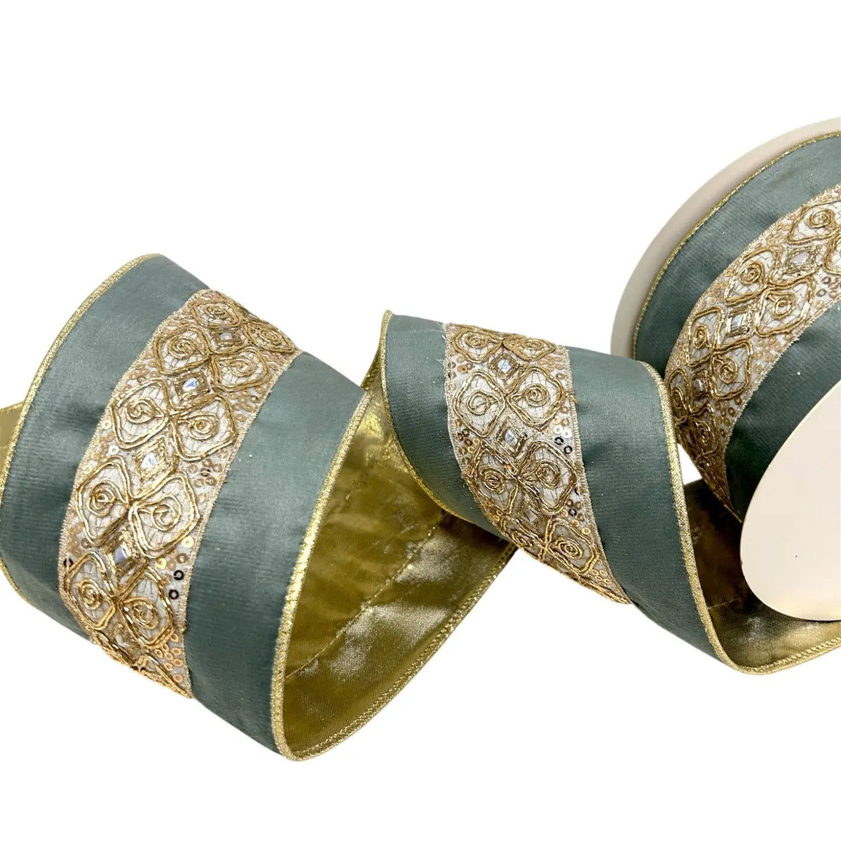David Christopher's Embossed Gold Trim On Soft Aqua Ribbon 4" X 10yd