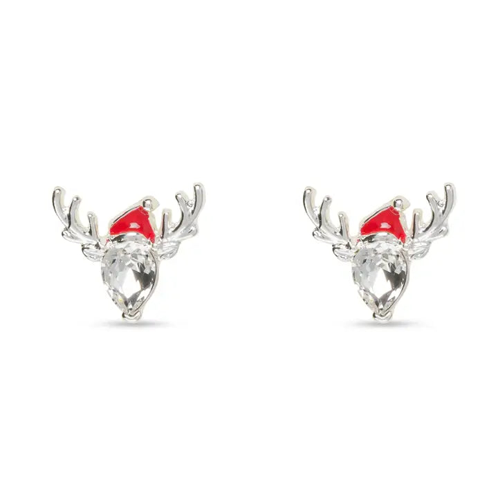 Amanda Blu Silver Cz Reindeer Stud with Xmas Hat Earring