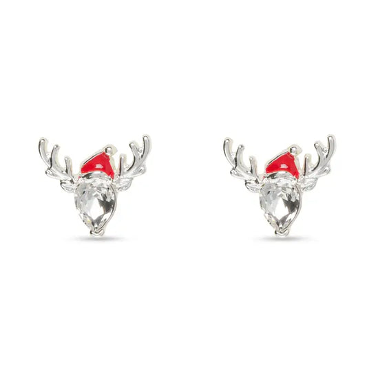 Amanda Blu Silver Cz Reindeer Stud with Xmas Hat Earring