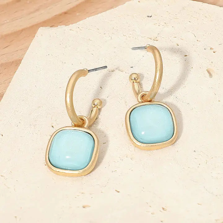 Square Stone Drop Hoop Earrings-Aqua Worn Gold