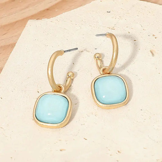 Square Stone Drop Hoop Earrings-Aqua Worn Gold