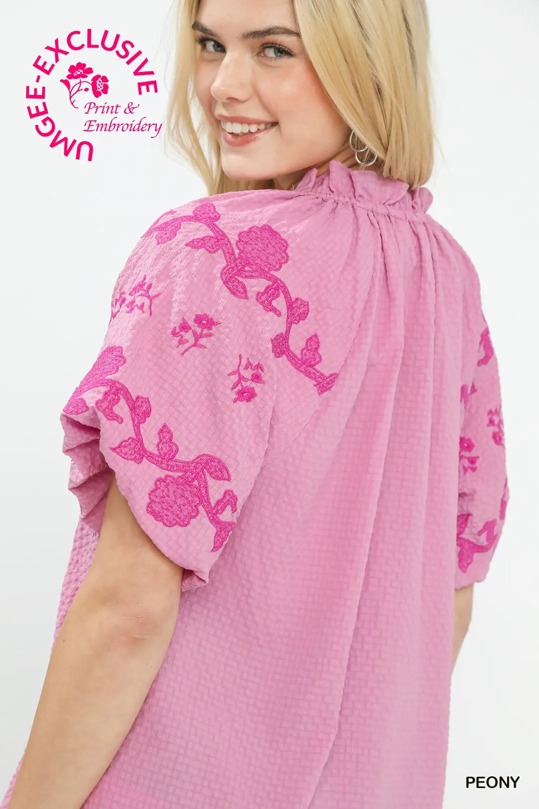 Umgee Embroidered Textured Flutter Sleeve Top-Peony