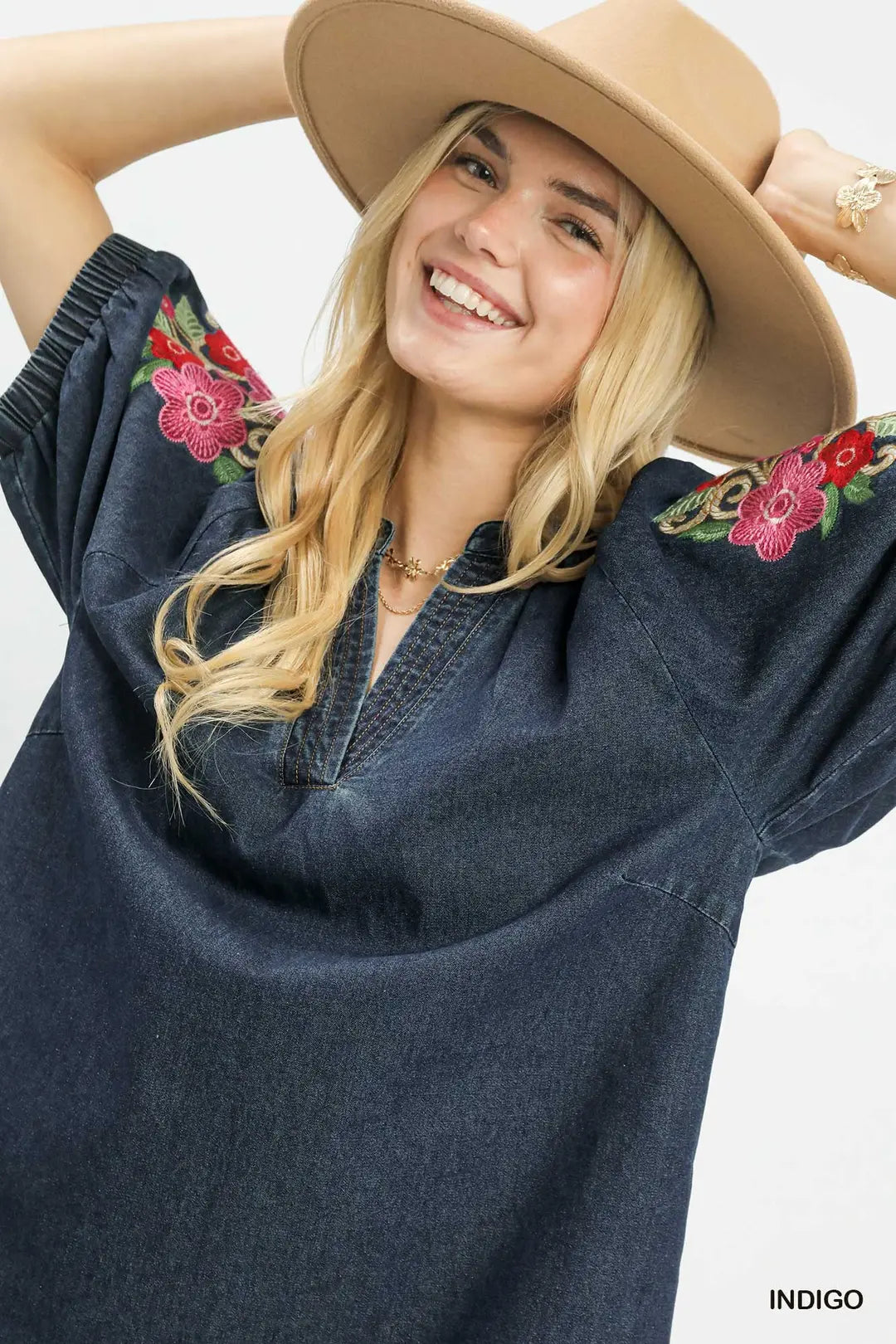 Umgee Denim Embroidered Puff Sleeve Boho Top