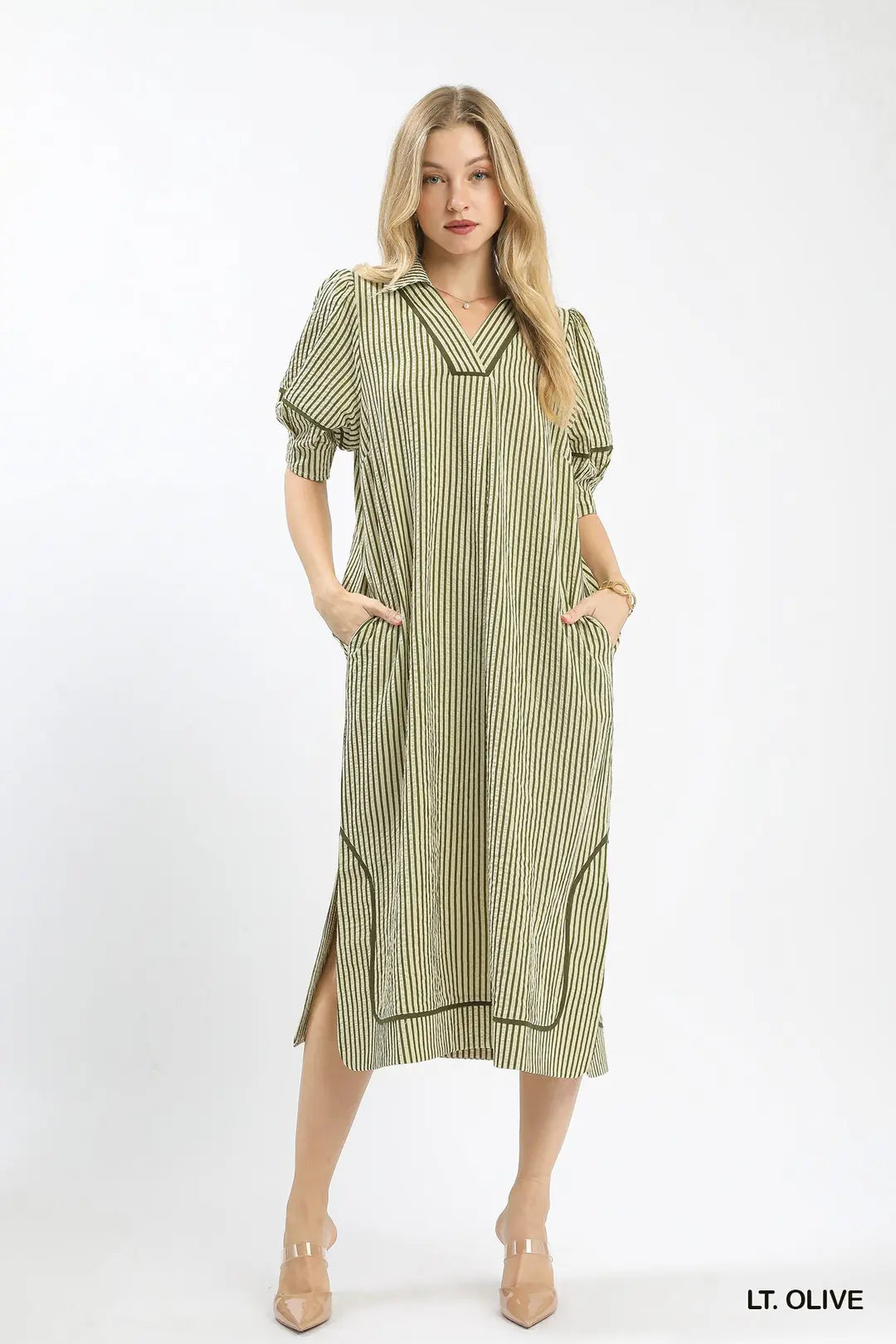 Umgee Striped Midi Dress with Puff Sleeves