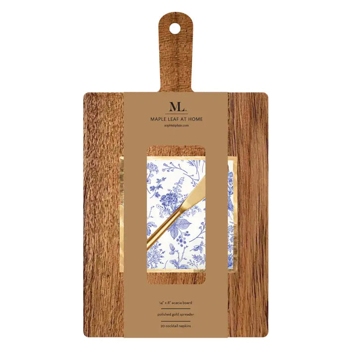 14x8" Acacia Board w/ Handle Gold Spreader, Timeless Napkin