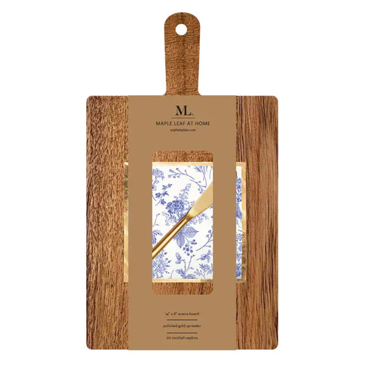 14x8" Acacia Board w/ Handle Gold Spreader, Timeless Napkin