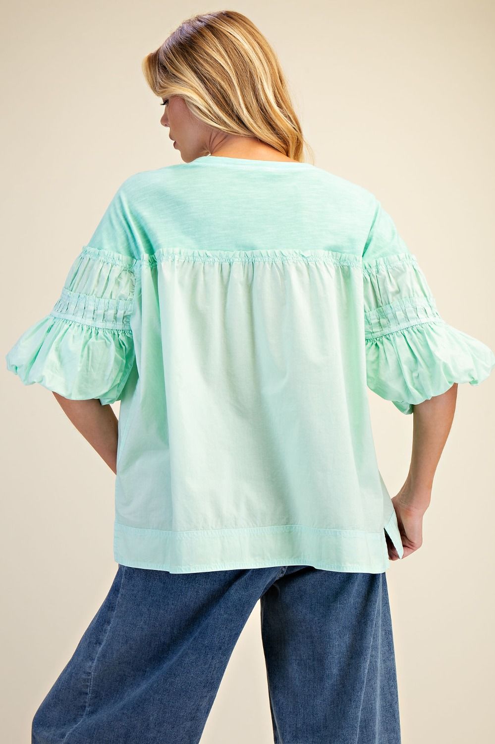 EASEL WASHED COTTON VOILE TOP-ATLANTIS GREEN