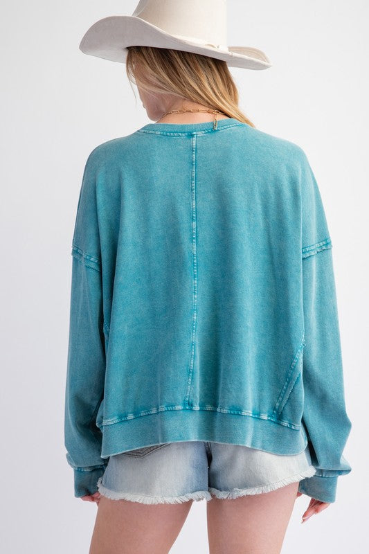 Easel Flower Patch Washed Terry Knit Pullover-Teal